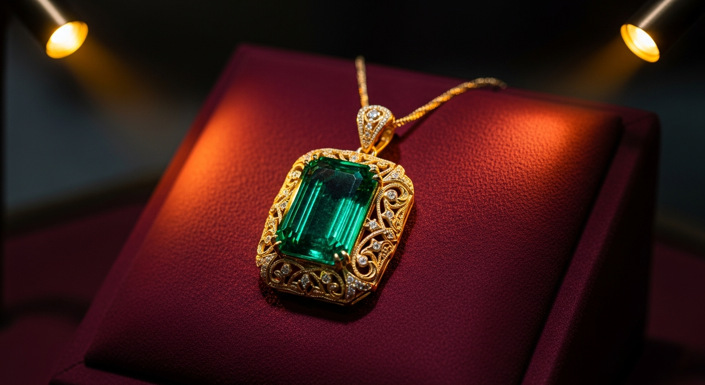 Pendentif émeraude de qualité exceptionnelle sur fond élégant
