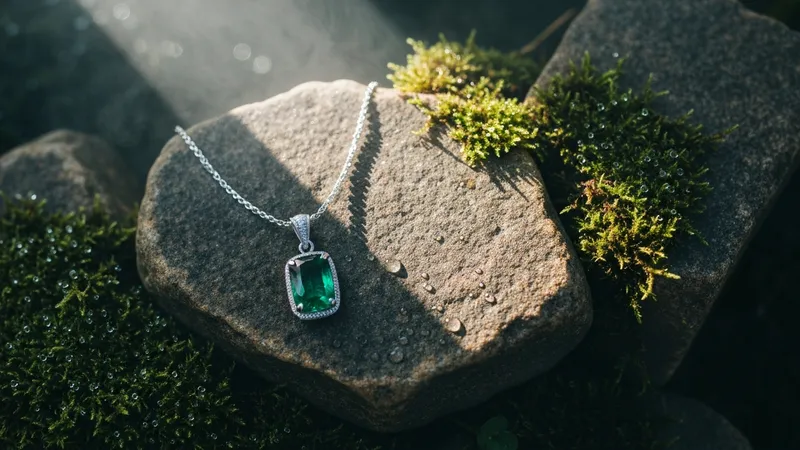 Pendentif émeraude vintage en or blanc avec sertissage délicat